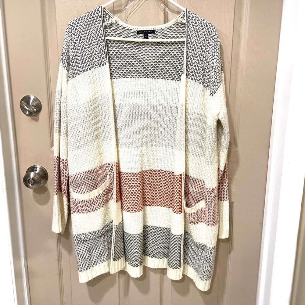 Staccato Gray, Cream and Rust Striped Open Front Grandmacore Cardigan SZ S.